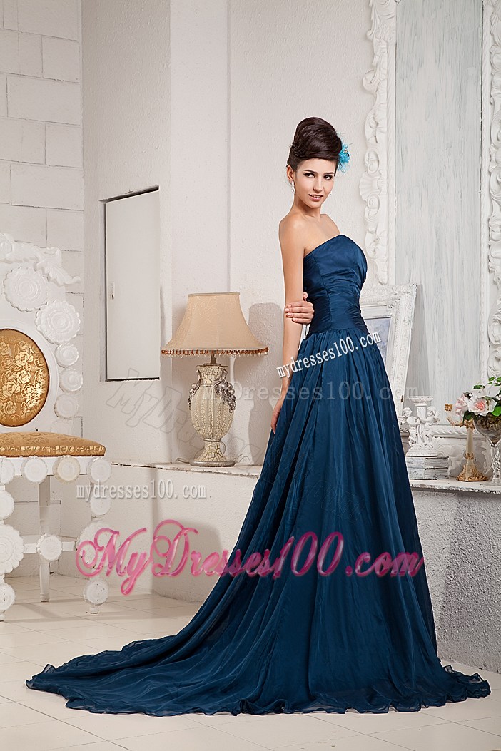 Strapless Peacock Blue Prom Dresses with Pleats and Court Train