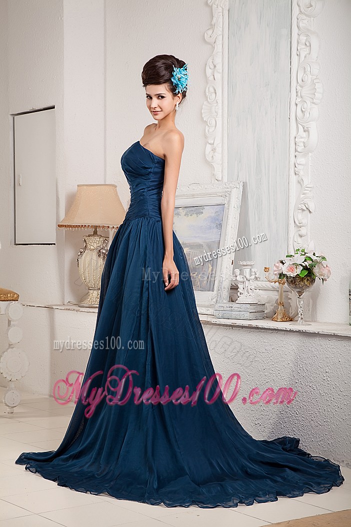 Strapless Peacock Blue Prom Dresses with Pleats and Court Train