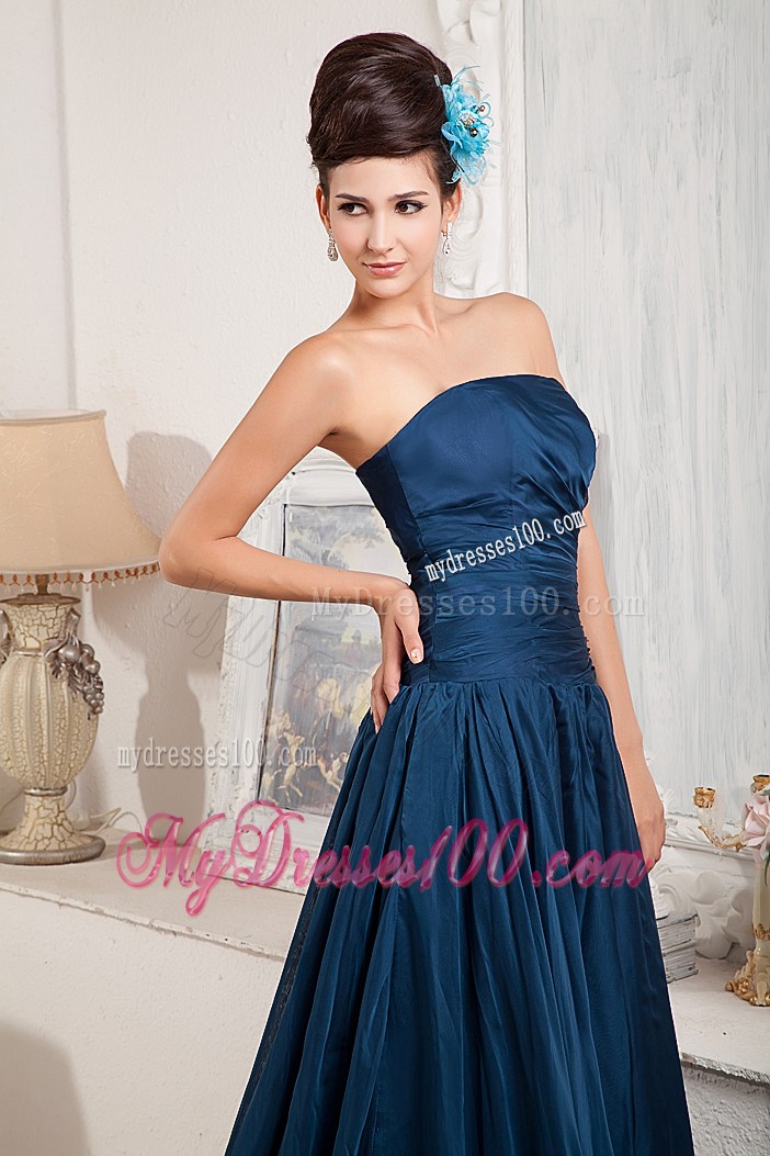 Strapless Peacock Blue Prom Dresses with Pleats and Court Train