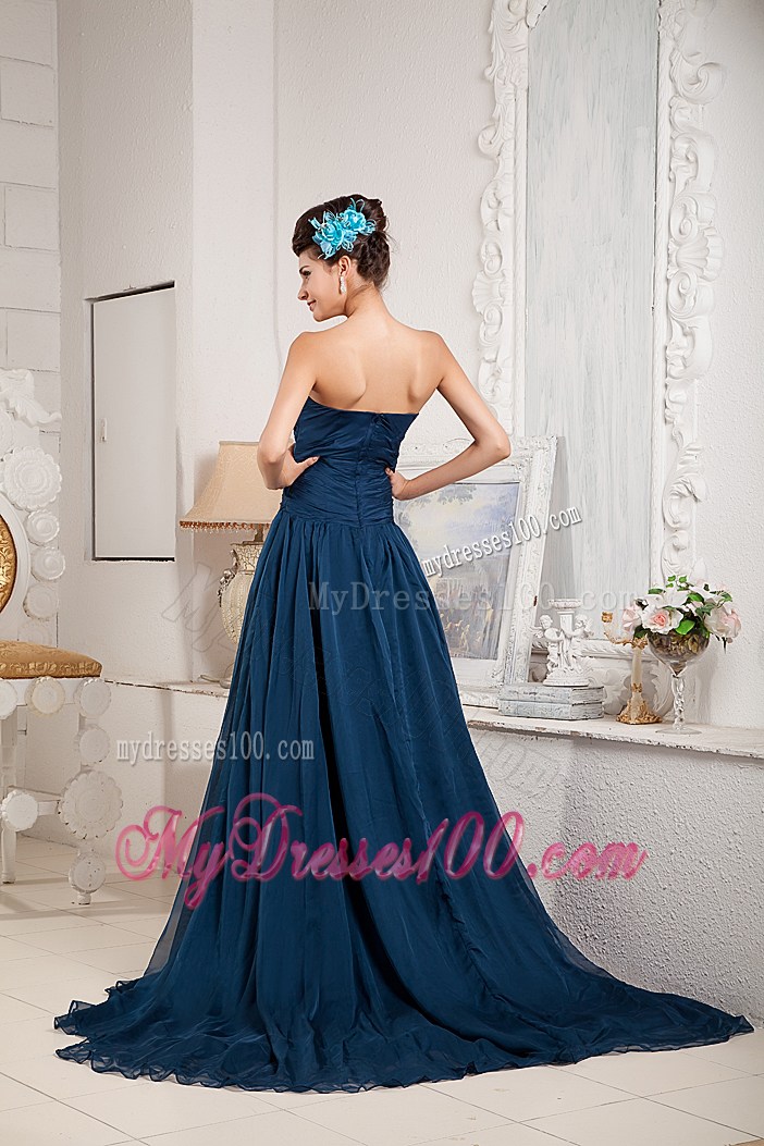 Strapless Peacock Blue Prom Dresses with Pleats and Court Train