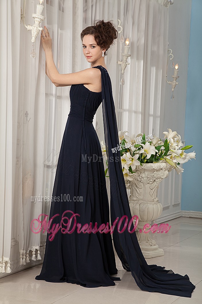 One Shoulder Ruched Prom Dresses in Navy Blue with Watteau Train