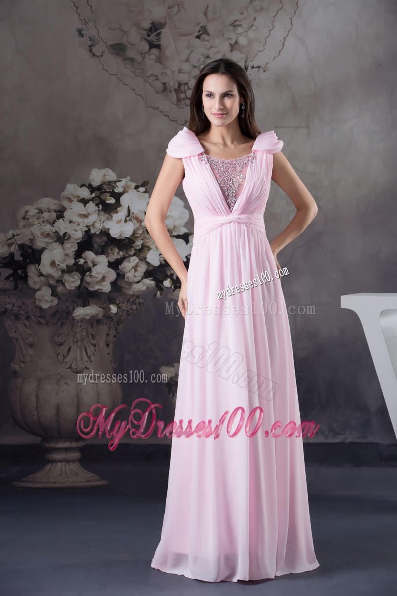 Low Cut v-Back Pink Chiffon Prom Dress with Cap Sleeves and Beading