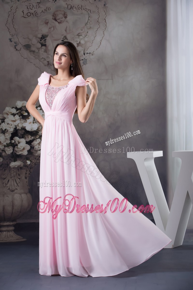 Low Cut v-Back Pink Chiffon Prom Dress with Cap Sleeves and Beading