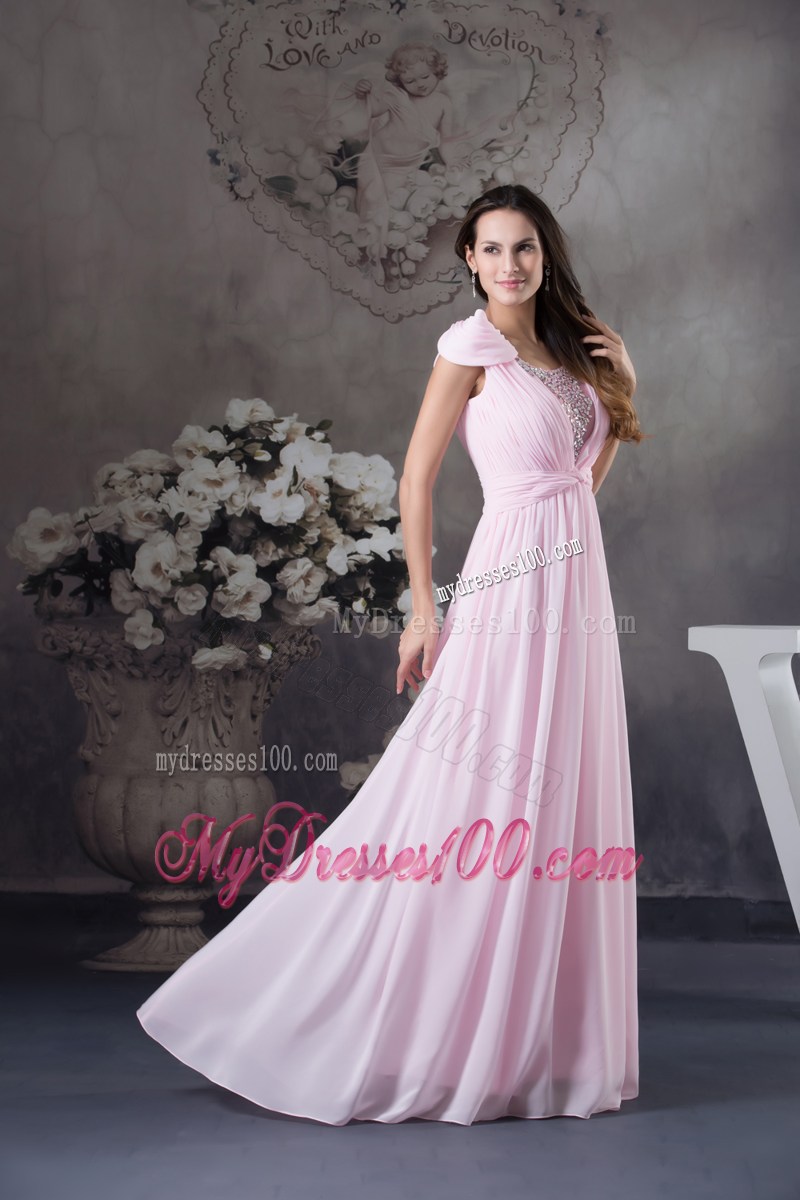 Low Cut v-Back Pink Chiffon Prom Dress with Cap Sleeves and Beading