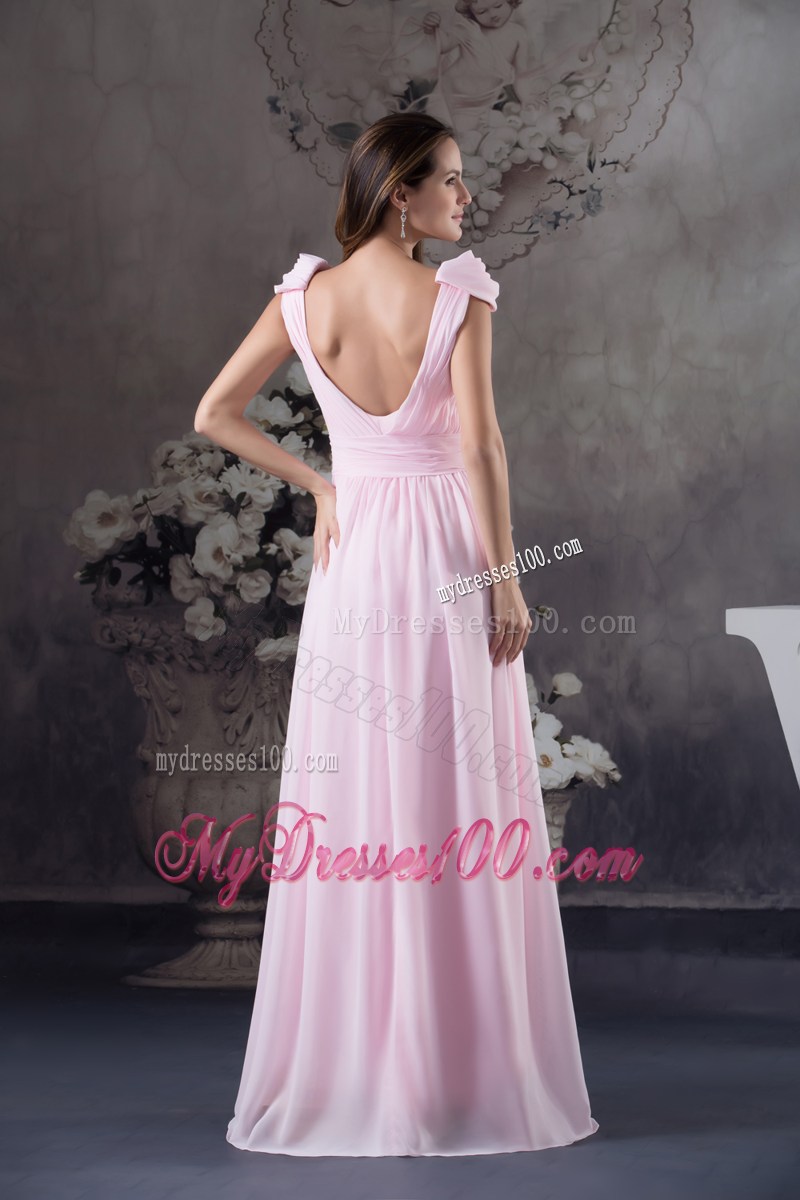 Low Cut v-Back Pink Chiffon Prom Dress with Cap Sleeves and Beading