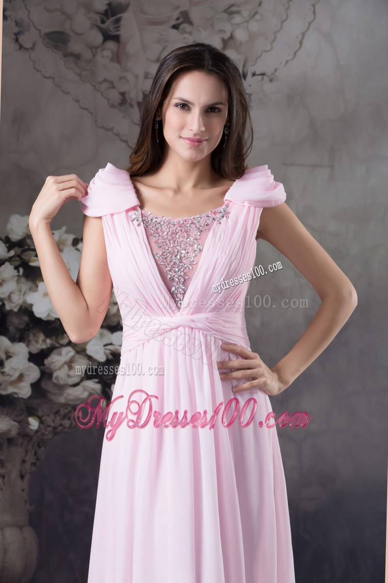 Low Cut v-Back Pink Chiffon Prom Dress with Cap Sleeves and Beading
