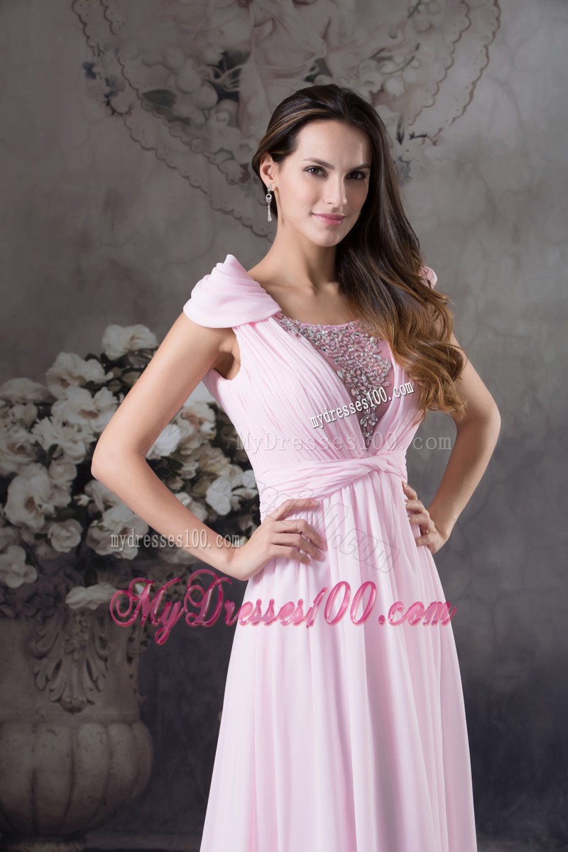 Low Cut v-Back Pink Chiffon Prom Dress with Cap Sleeves and Beading