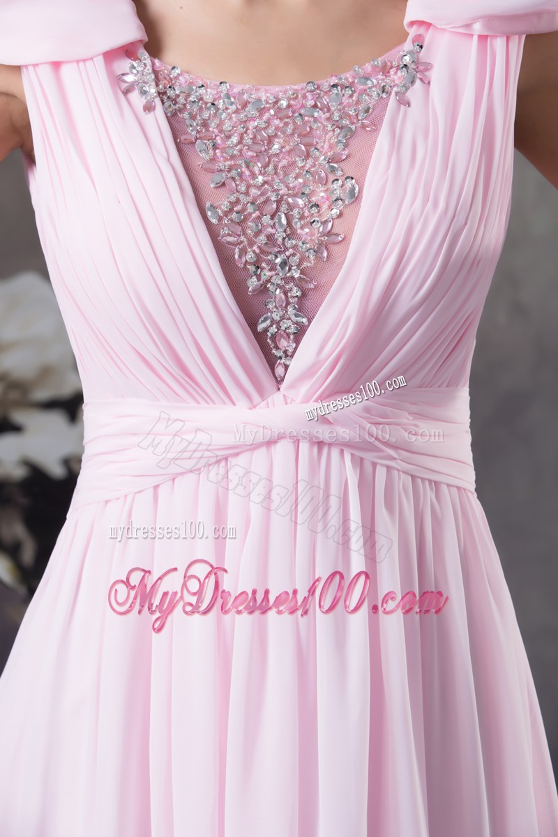 Low Cut v-Back Pink Chiffon Prom Dress with Cap Sleeves and Beading