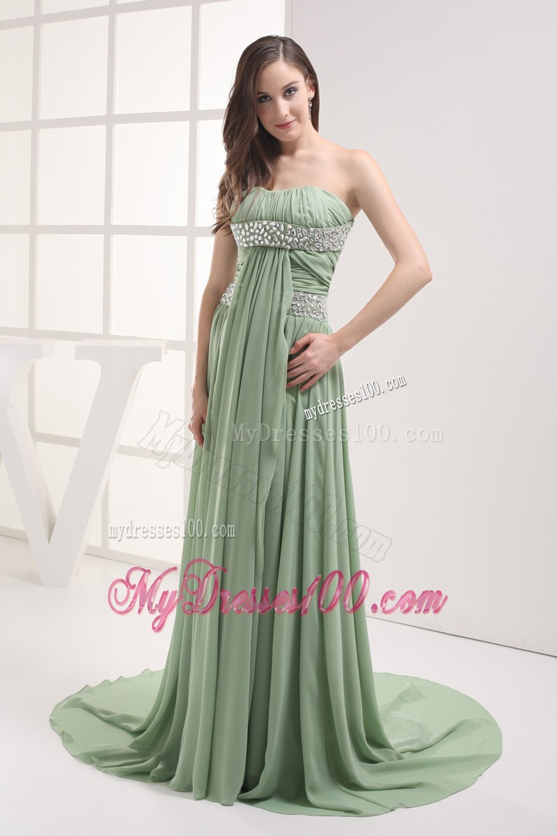 Beaded and Pleated Green Chiffon Dresses for Prom with Brush Train