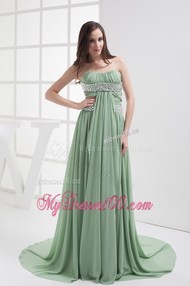 Beaded and Pleated Green Chiffon Dresses for Prom with Brush Train