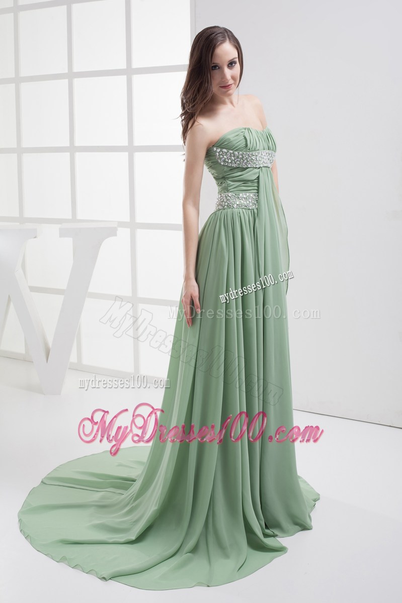 Beaded and Pleated Green Chiffon Dresses for Prom with Brush Train