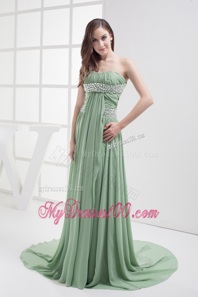 Beaded and Pleated Green Chiffon Dresses for Prom with Brush Train