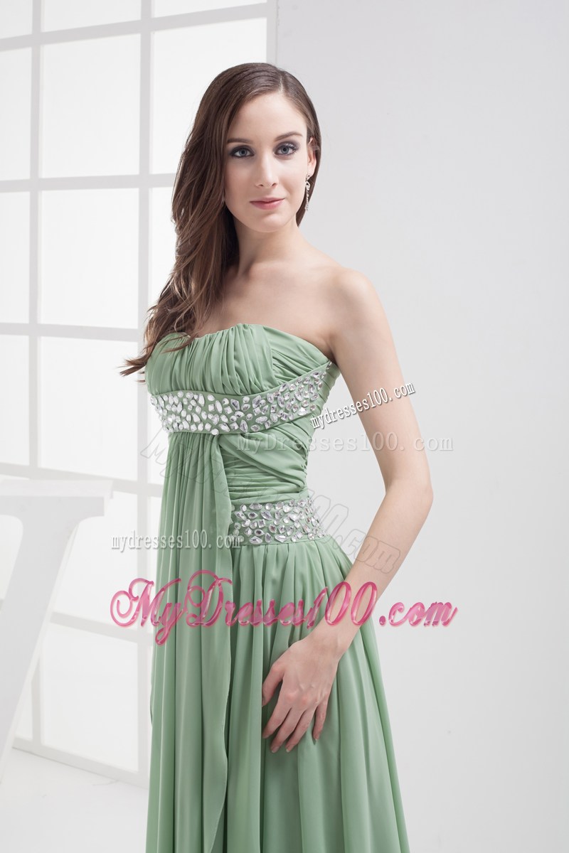 Beaded and Pleated Green Chiffon Dresses for Prom with Brush Train
