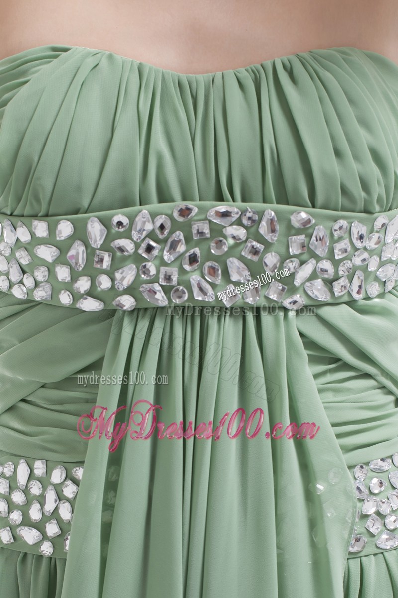 Beaded and Pleated Green Chiffon Dresses for Prom with Brush Train