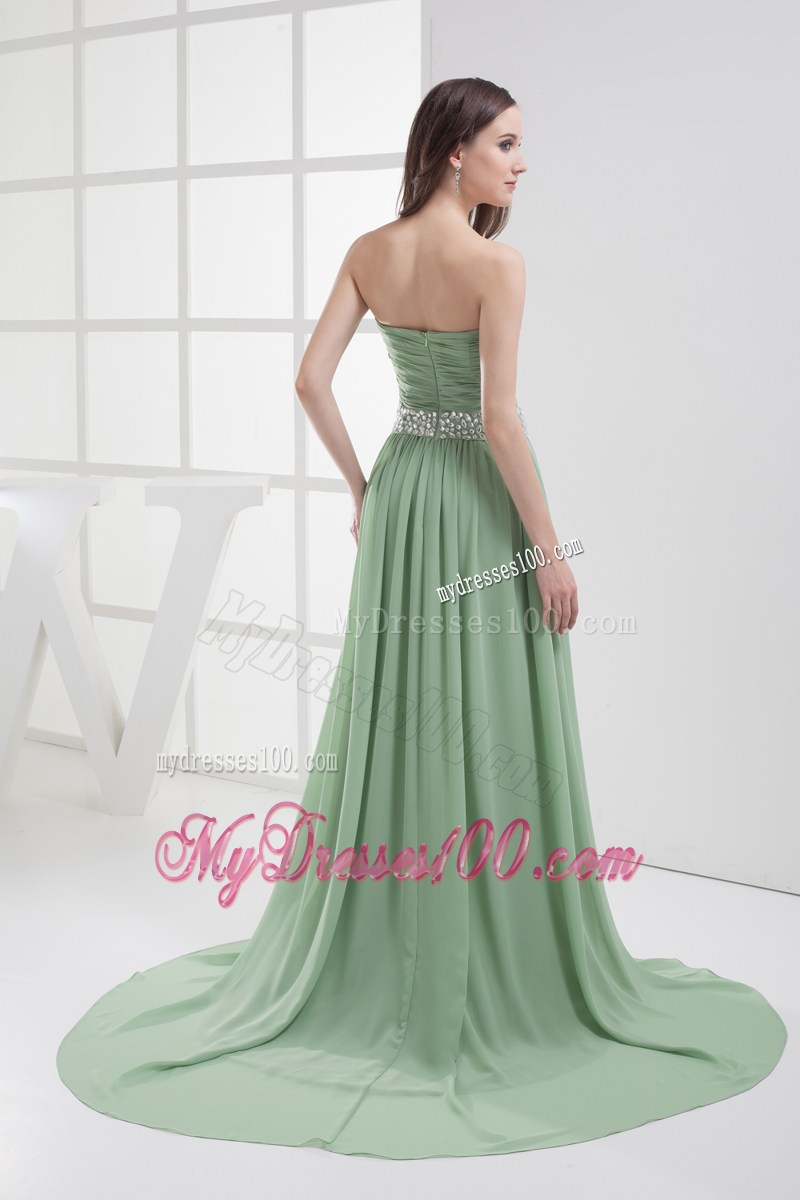 Beaded and Pleated Green Chiffon Dresses for Prom with Brush Train