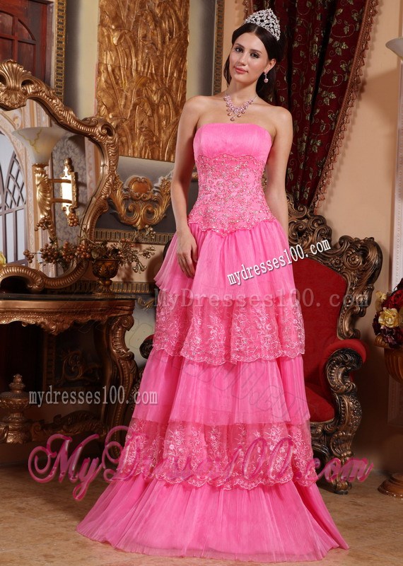 Pink Empire Strapless Floor-length Prom Cocktail Dress With lace Layers