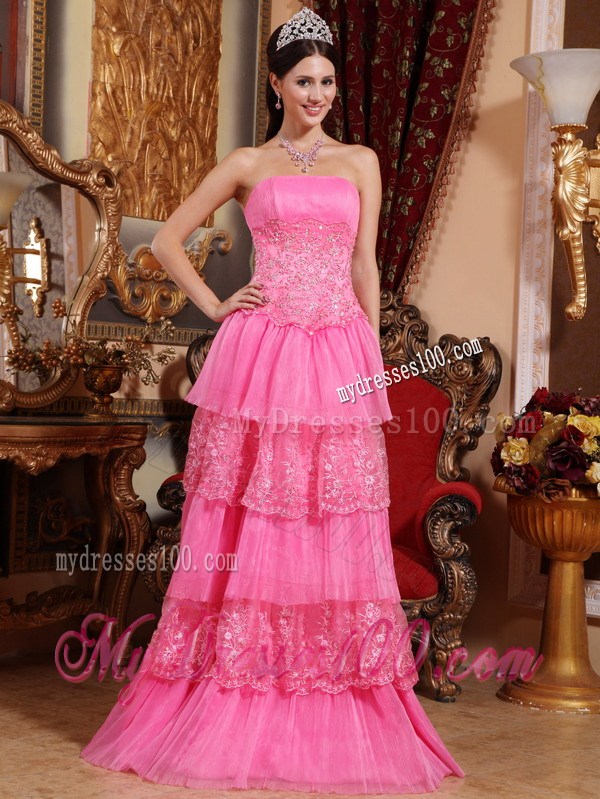 Pink Empire Strapless Floor-length Prom Cocktail Dress With lace Layers