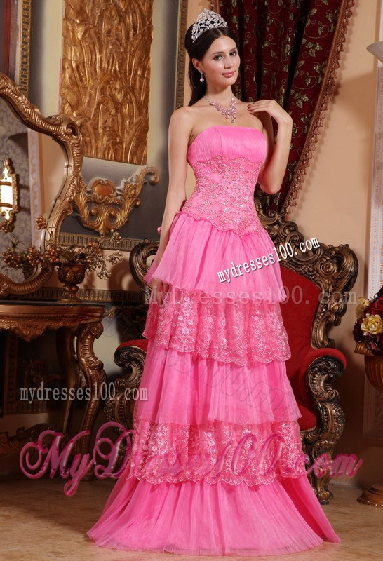 Pink Empire Strapless Floor-length Prom Cocktail Dress With lace Layers