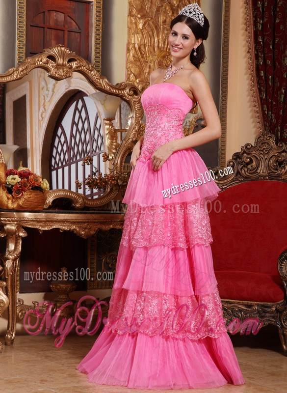 Pink Empire Strapless Floor-length Prom Cocktail Dress With lace Layers