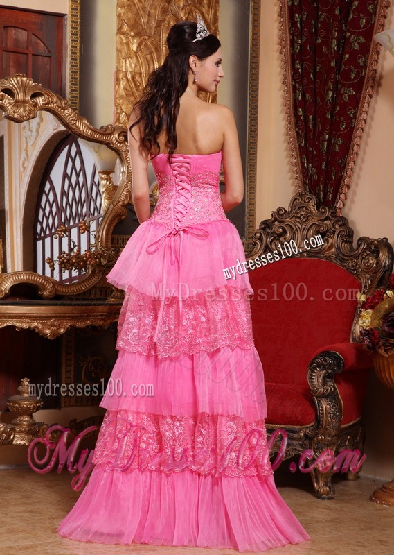 Pink Empire Strapless Floor-length Prom Cocktail Dress With lace Layers