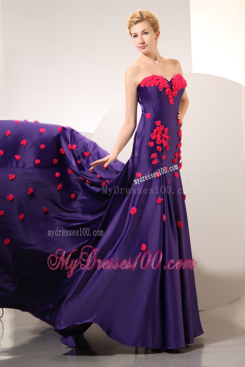 Hot Pink Hand-made Flowers Decorate On Eggplant Purple Chapel Prom Gown