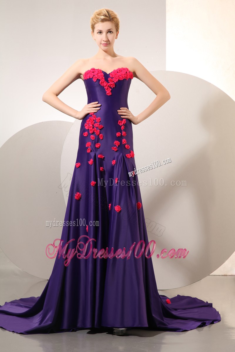 Hot Pink Hand-made Flowers Decorate On Eggplant Purple Chapel Prom Gown