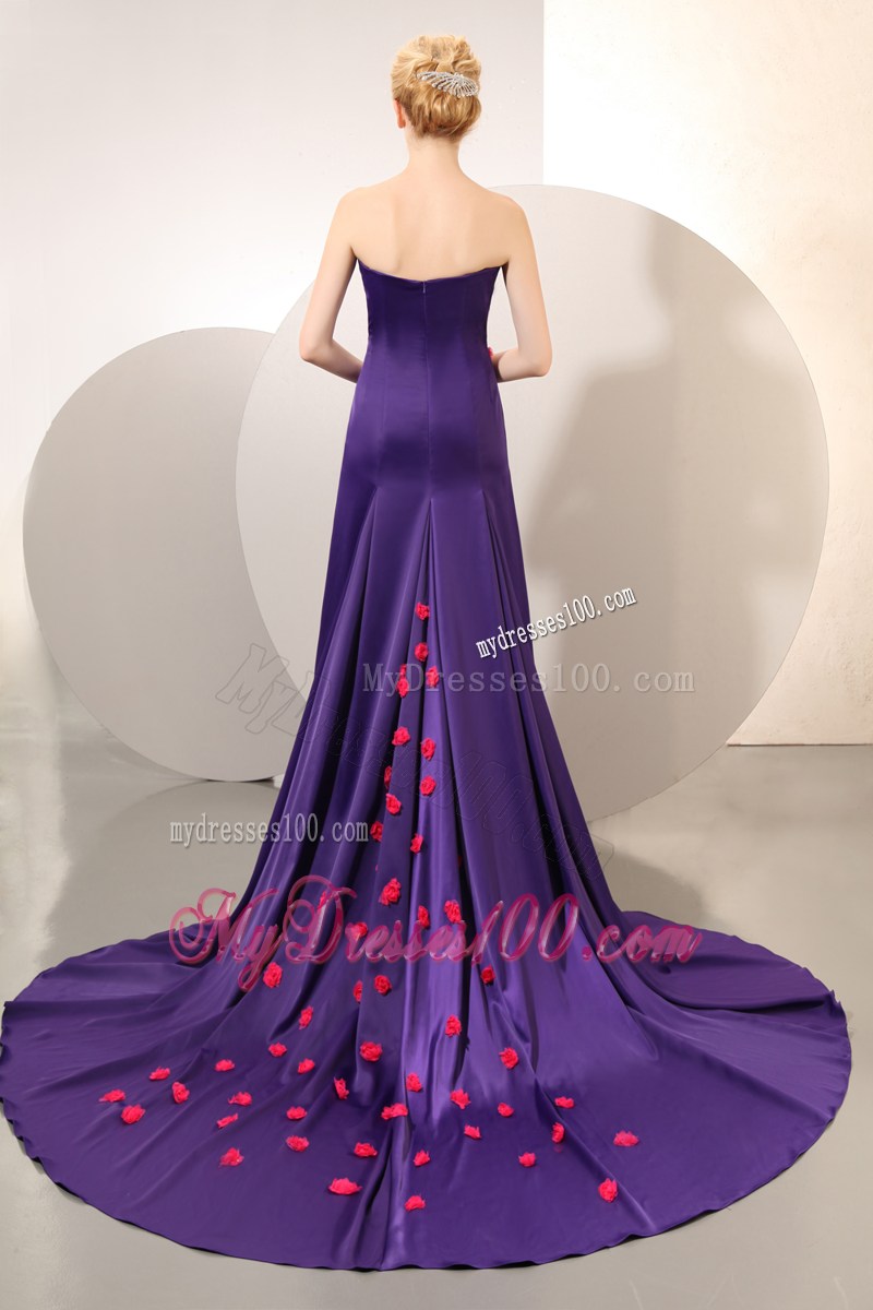 Hot Pink Hand-made Flowers Decorate On Eggplant Purple Chapel Prom Gown