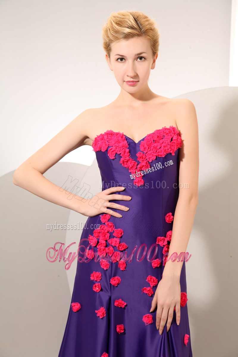 Hot Pink Hand-made Flowers Decorate On Eggplant Purple Chapel Prom Gown