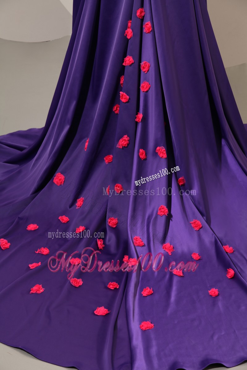 Hot Pink Hand-made Flowers Decorate On Eggplant Purple Chapel Prom Gown