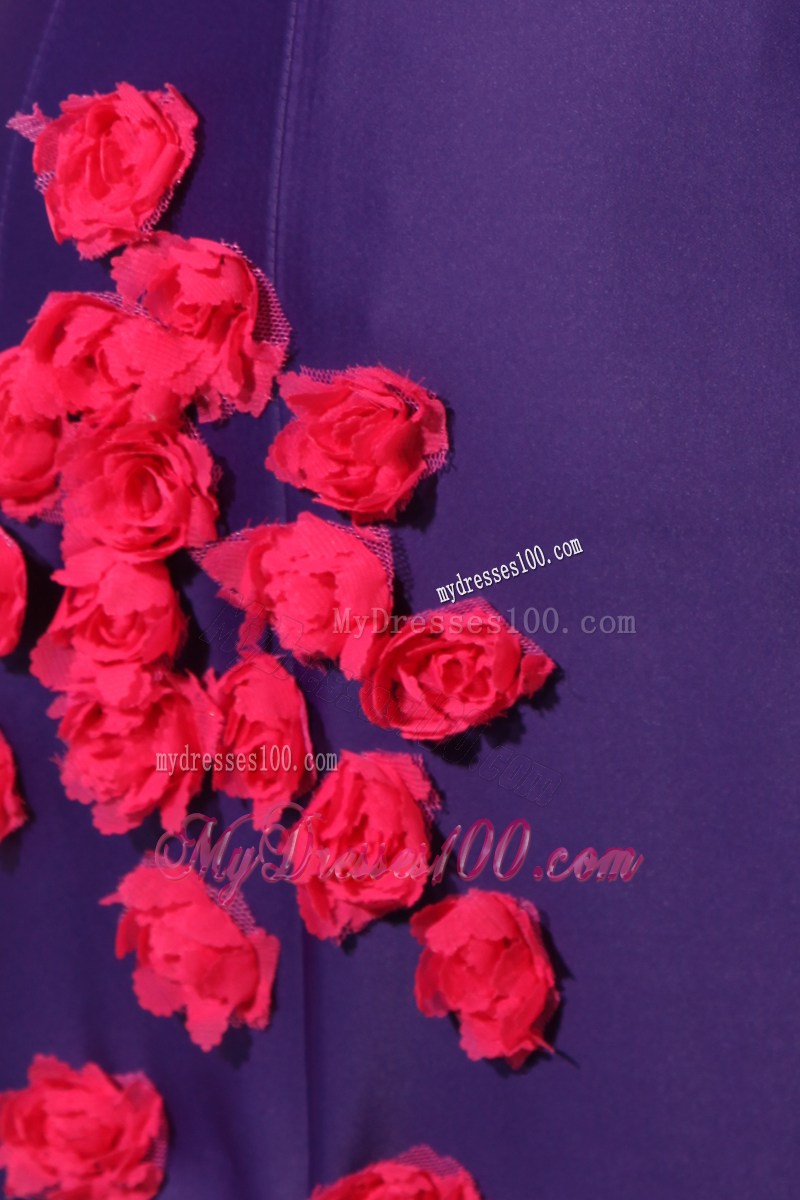 Hot Pink Hand-made Flowers Decorate On Eggplant Purple Chapel Prom Gown
