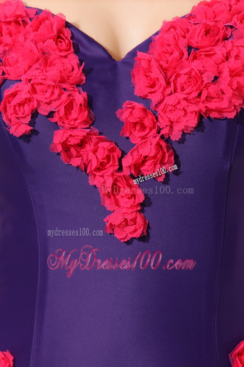 Hot Pink Hand-made Flowers Decorate On Eggplant Purple Chapel Prom Gown