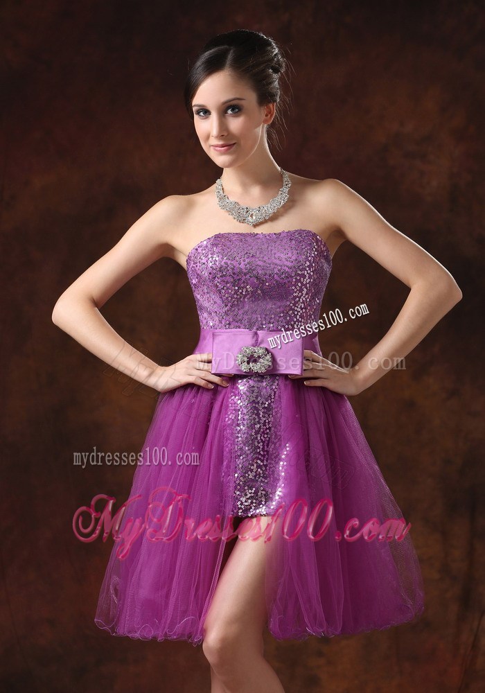 Detachable Lavender Tulle Mini-length Prom Dress with Bowknot and Sequins