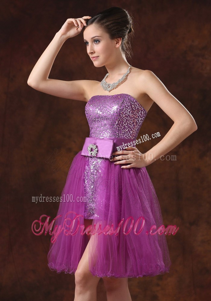 Detachable Lavender Tulle Mini-length Prom Dress with Bowknot and Sequins