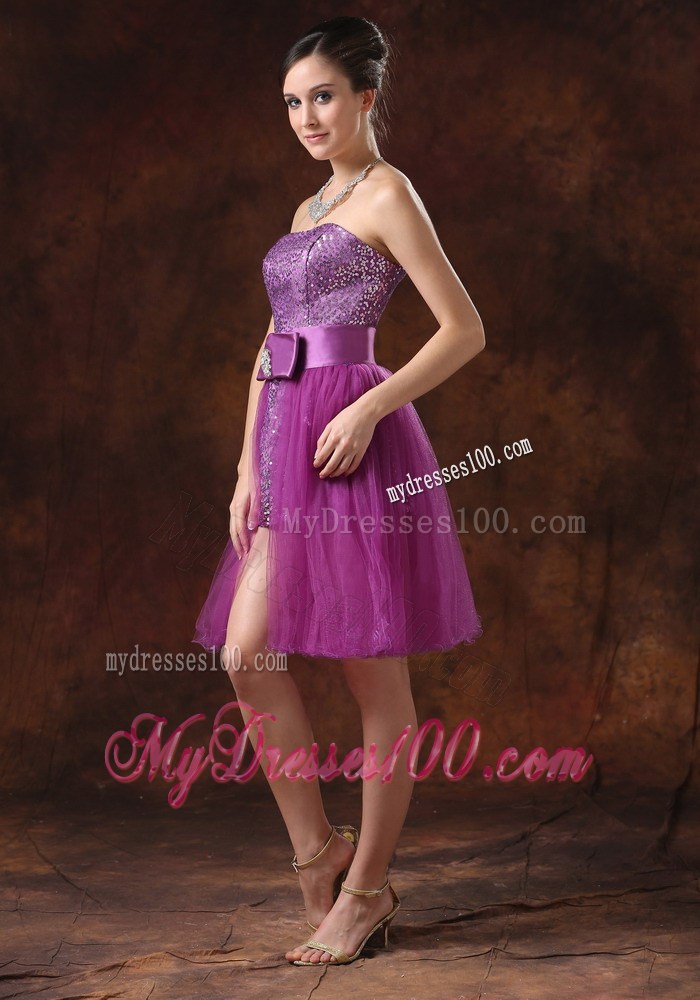 Detachable Lavender Tulle Mini-length Prom Dress with Bowknot and Sequins