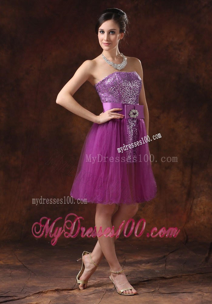 Detachable Lavender Tulle Mini-length Prom Dress with Bowknot and Sequins