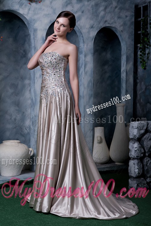 Beading and Pleated Brush Train Prom Dress of Silk Like Satin