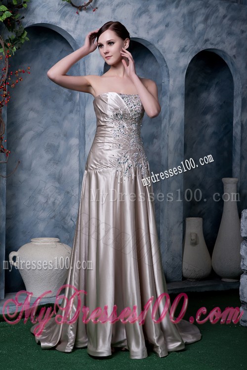 Beading and Pleated Brush Train Prom Dress of Silk Like Satin