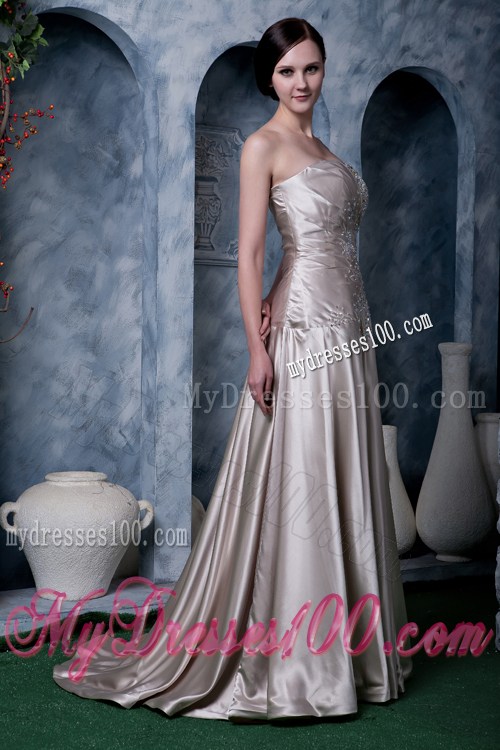Beading and Pleated Brush Train Prom Dress of Silk Like Satin