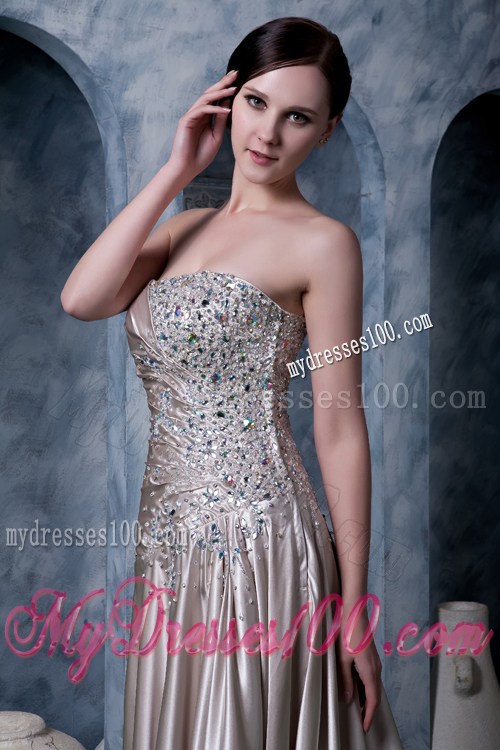 Beading and Pleated Brush Train Prom Dress of Silk Like Satin