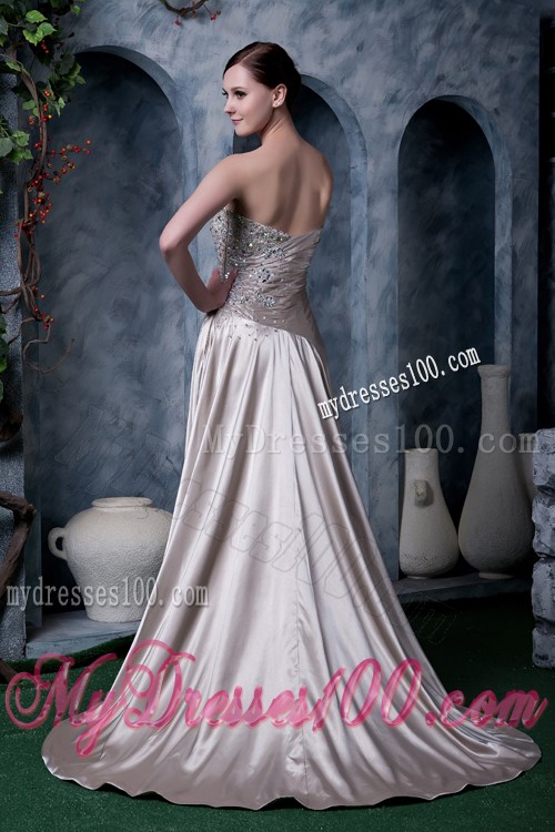 Beading and Pleated Brush Train Prom Dress of Silk Like Satin