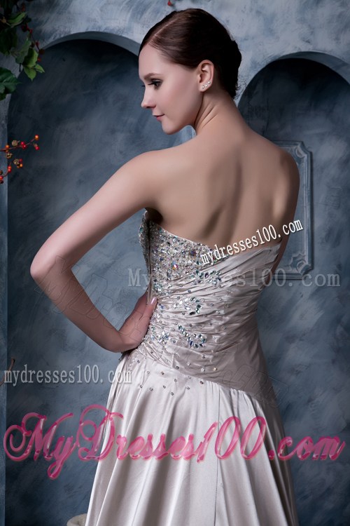 Beading and Pleated Brush Train Prom Dress of Silk Like Satin