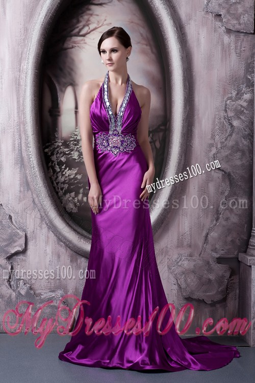 Halter Beading and V-neck Decorate Brush Prom Dress in Eggplant Purple