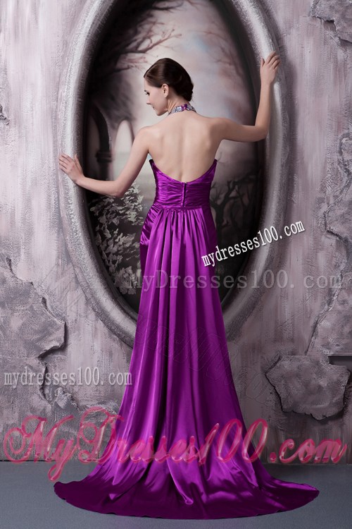 Halter Beading and V-neck Decorate Brush Prom Dress in Eggplant Purple