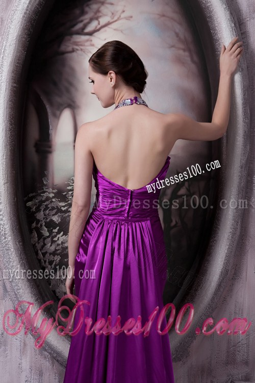 Halter Beading and V-neck Decorate Brush Prom Dress in Eggplant Purple