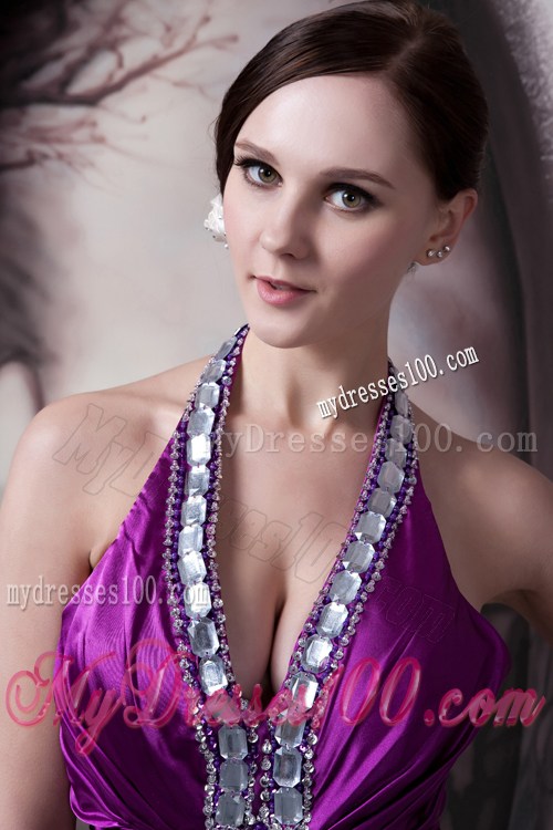 Halter Beading and V-neck Decorate Brush Prom Dress in Eggplant Purple