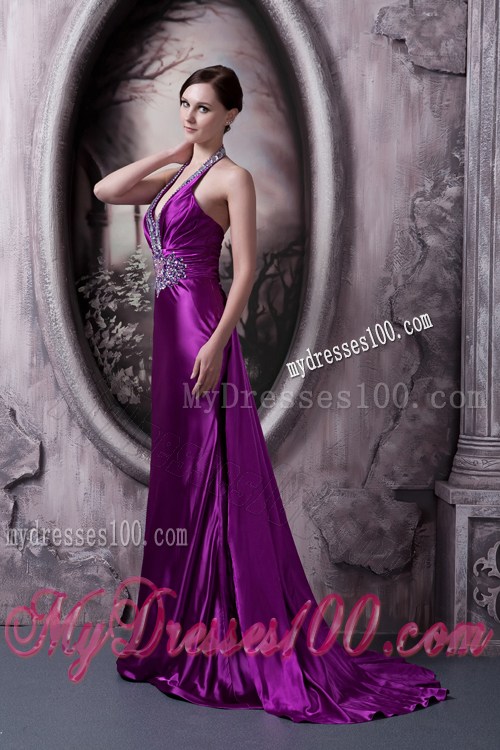 Halter Beading and V-neck Decorate Brush Prom Dress in Eggplant Purple