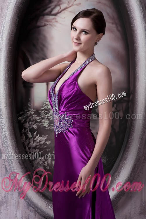 Halter Beading and V-neck Decorate Brush Prom Dress in Eggplant Purple
