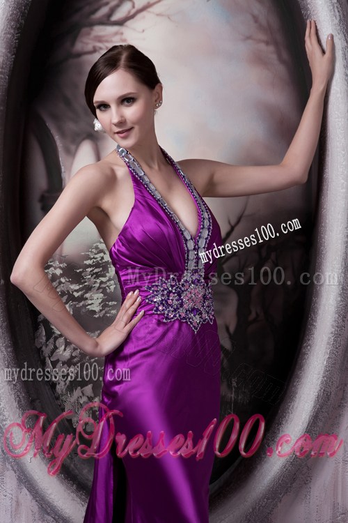 Halter Beading and V-neck Decorate Brush Prom Dress in Eggplant Purple