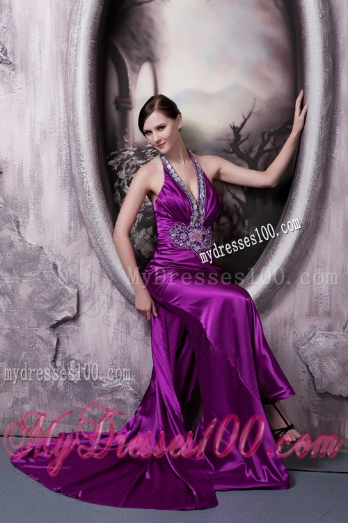 Halter Beading and V-neck Decorate Brush Prom Dress in Eggplant Purple