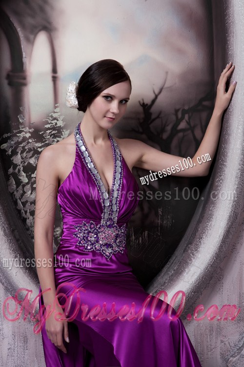 Halter Beading and V-neck Decorate Brush Prom Dress in Eggplant Purple